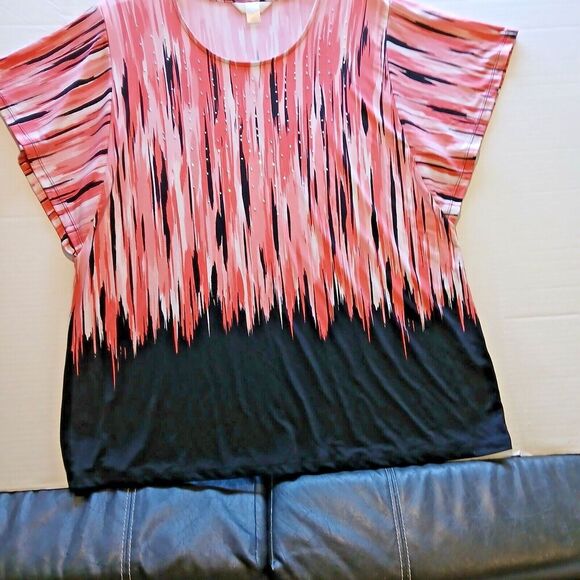 CJ Banks Pink & Black Pullover Blouse 1X Round Neck Sparkle on Front. - Picture 1 of 5